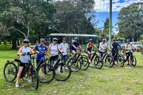 E Bike hire on the Northern Rivers Rail Trail for corporate groups hospitality private tours custom e bike tours group of riders on FOCUS ebikes on private tour